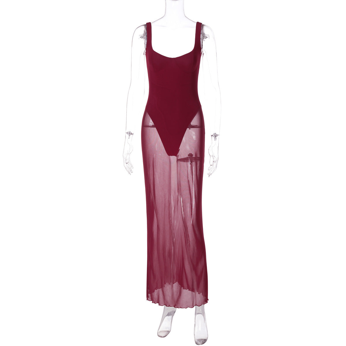 Scoop Neck Bustier Stitch Detail Sheer Mesh Floor-Length Bodycon Dress