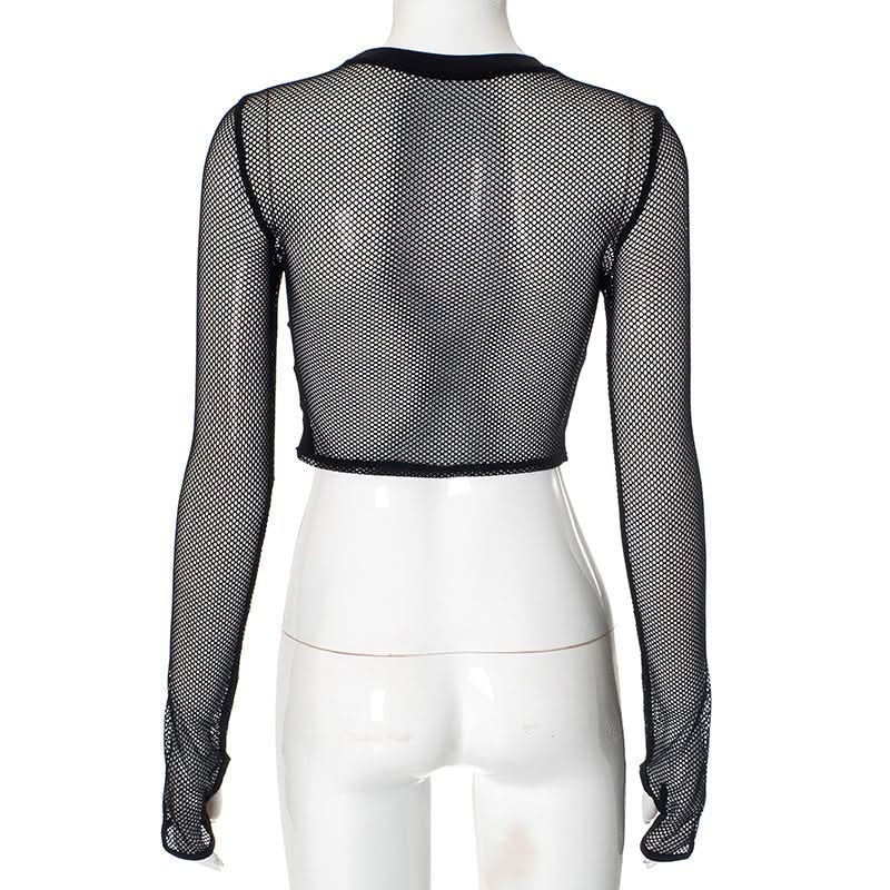 Long sleeve crewneck fishnet hole head pattern top