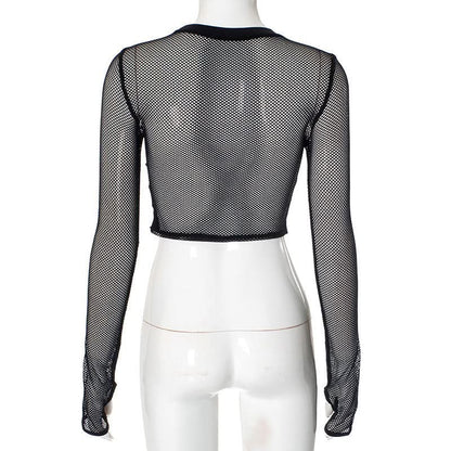 Long sleeve crewneck fishnet hole head pattern top