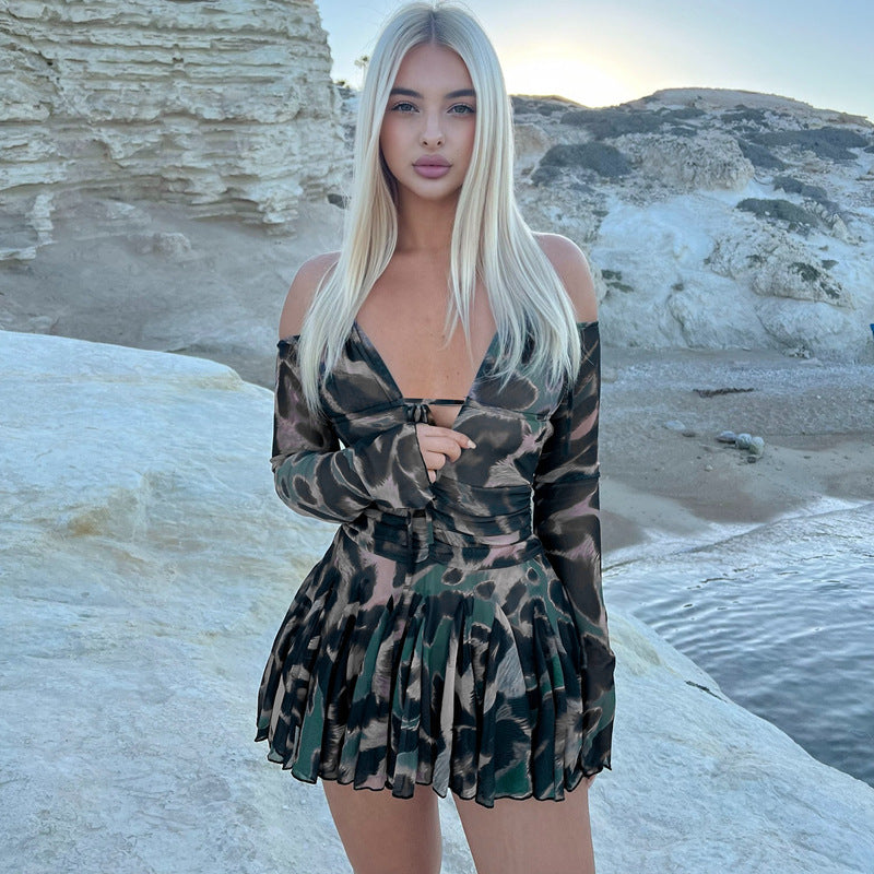 Abstract Print Mesh Off-Shoulder Tie Front Cutout Pleated Mini Dress