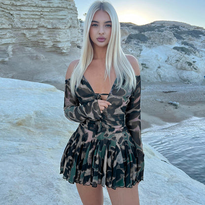 Abstract Print Mesh Off-Shoulder Tie Front Cutout Pleated Mini Dress