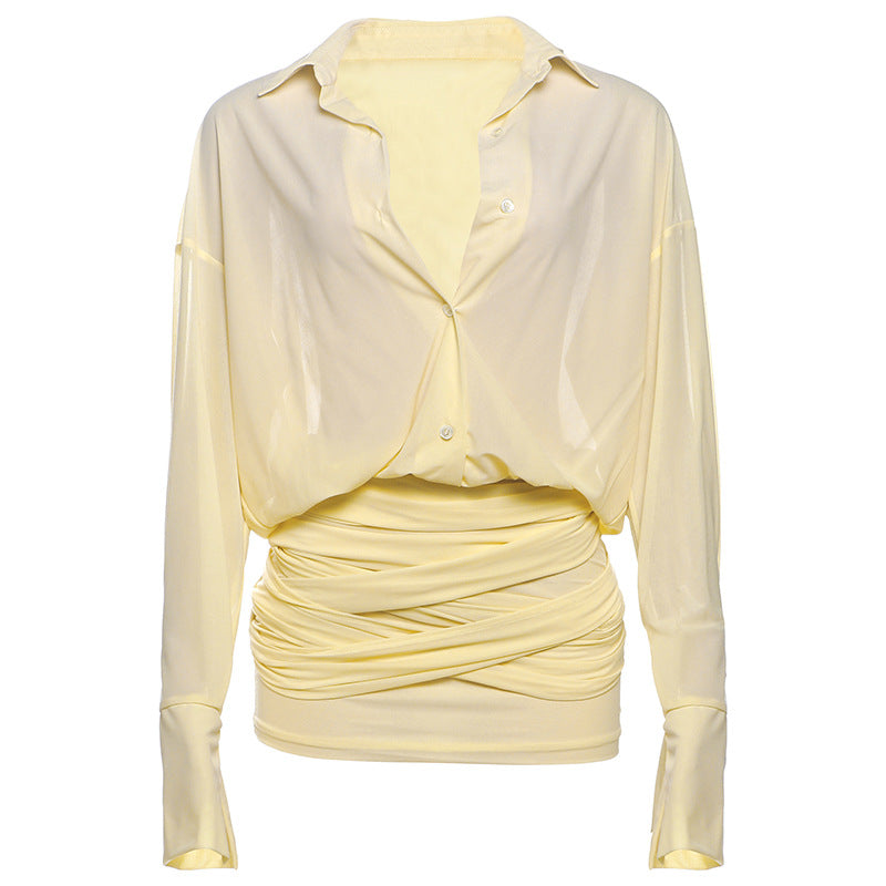 Sheer Oversized Button-Down Shirt and Ruched Draped Mini Skirt Set
