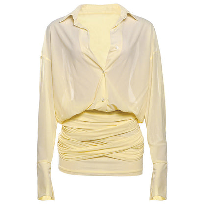 Sheer Oversized Button-Down Shirt and Ruched Draped Mini Skirt Set