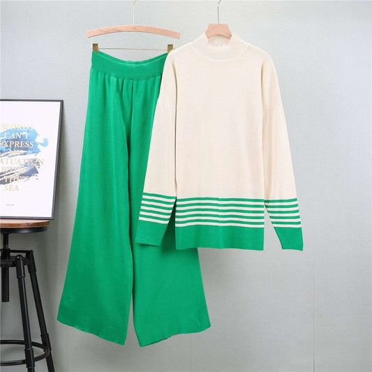 Green - Striped Half-Turtleneck Sweater Two Piece Set