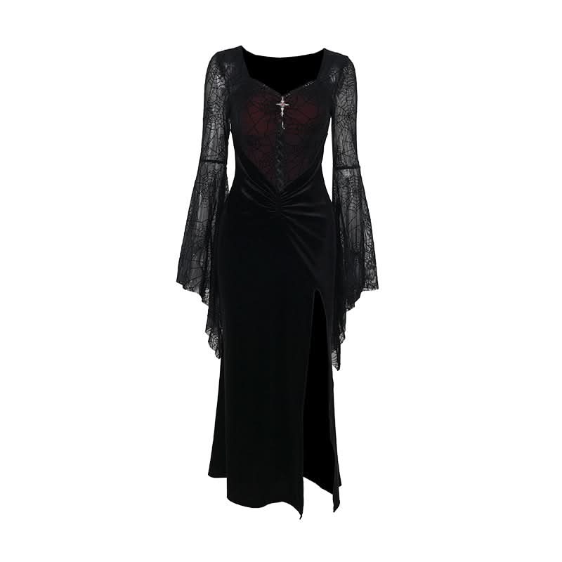 Long flared sleeve spider web slit velvet ruched maxi dress