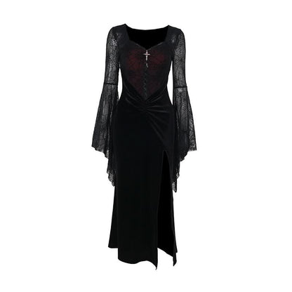 Long flared sleeve spider web slit velvet ruched maxi dress