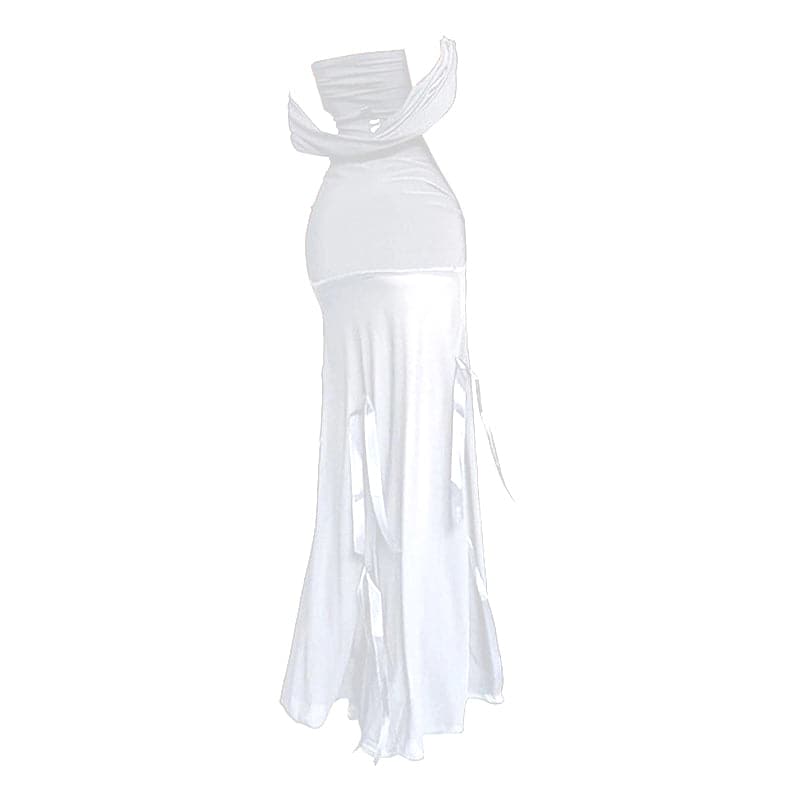 Off shoulder 2-way ribbon mesh maxi dress-final-sale