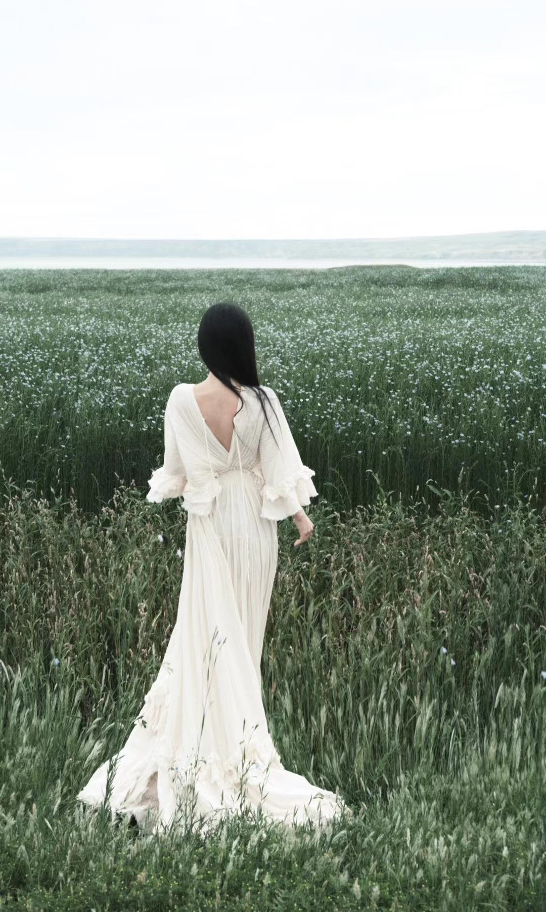 Tailande Linen Maxi Dress V-Neck Ruffle Goddess Gown with 10-Meter Full Hem