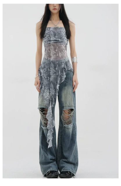 Vintage Distressed And Dirt-Dyed Patchwork Wide-Leg Jeans