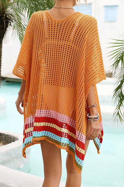 Color Block V Neck Slit Hollow Short Sleeved Knitted Cover Up