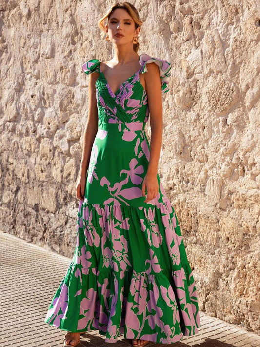 V neck Pleated Ruffle Swimsuit & Skirt Coord Set