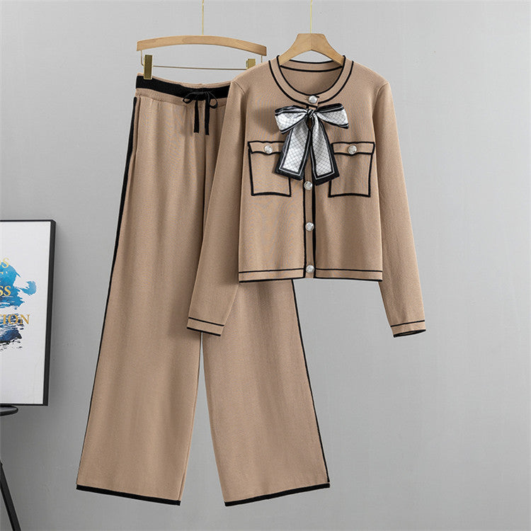 Khaki - Elegant Knitted Cardigan Two Piece Set