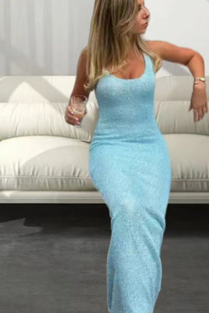 consonak U Neck Sleeveless Sequin Bodycon Maxi Dress