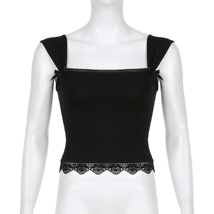 Square neck solid lace hem lace up crop top