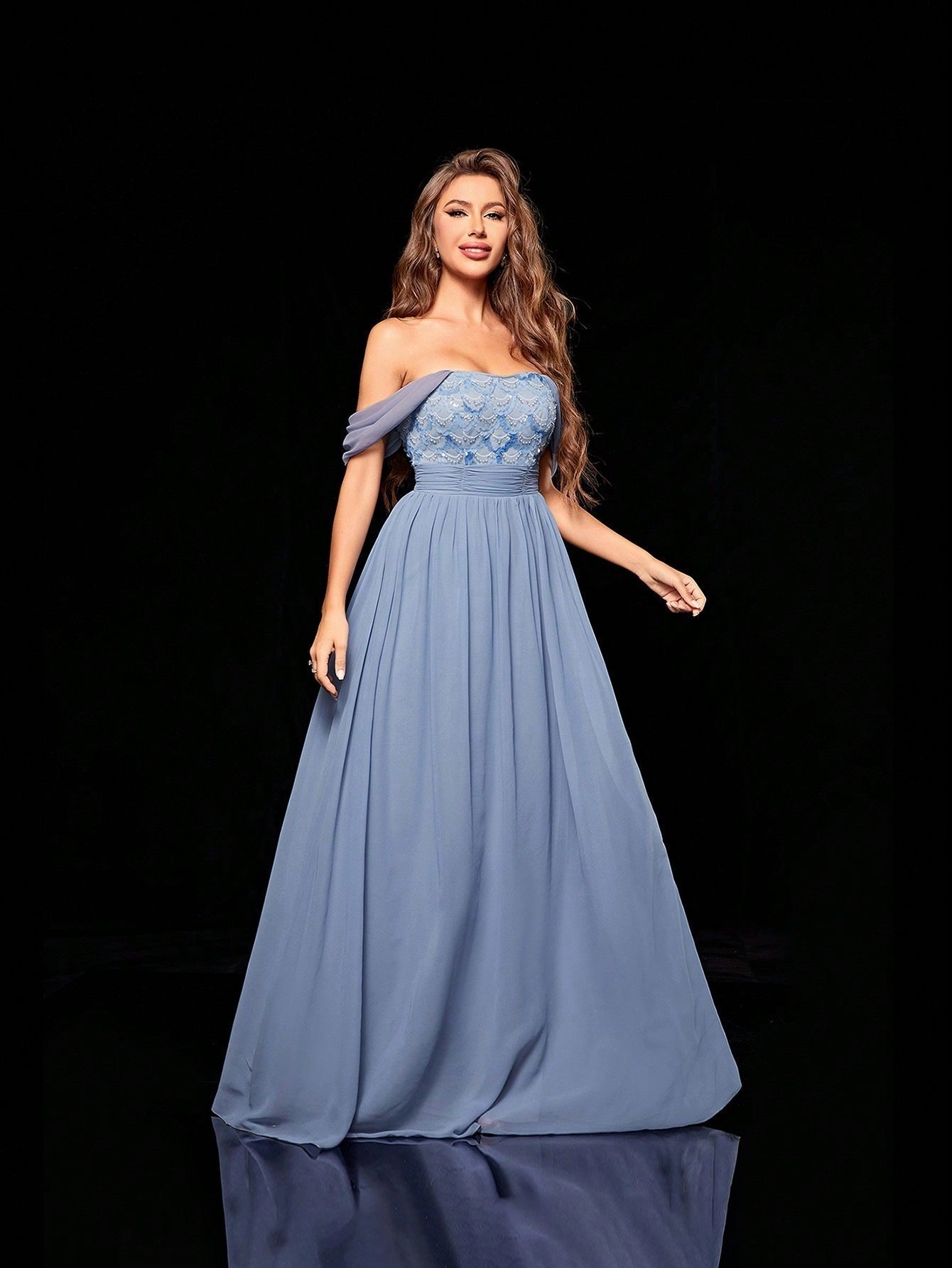 Off-Shoulder Lace Bodice Ruched Waist Pleated Chiffon Maxi Gown