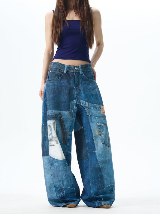 Patchwork Wide Leg Denim Jeans