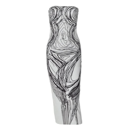 Print contrast backless tube midi dress