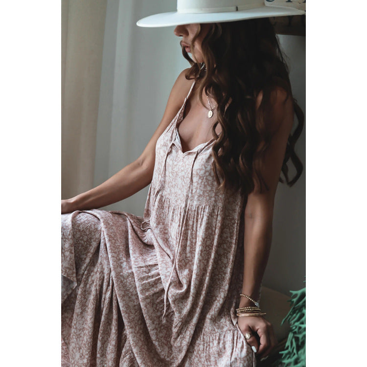 Spaghetti Strap Tie Front Floral Print Tiered Maxi Dress