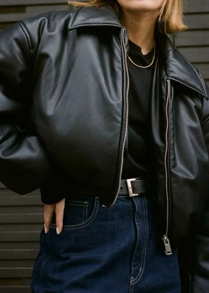 Luna - Cropped Faux Leather Bomber Jacket