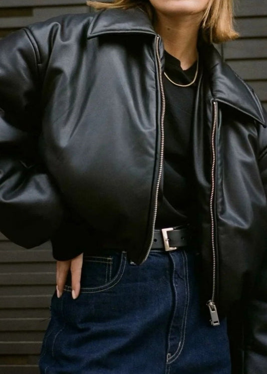 Luna - Cropped Faux Leather Bomber Jacket