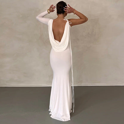One Shoulder Cowl Neck Asymmetrical Long Sleeve Maxi Dress