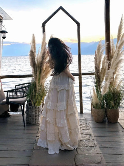 Thailand Dream Cotton Linen Halter Dress Flowing Backless French Maxi gunne sax vintage dress