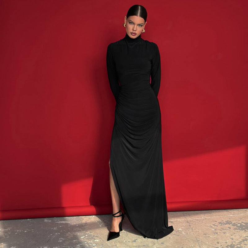 Mock Neck Long Sleeve Ruched Gathered Side Slit Bodycon Maxi Dress
