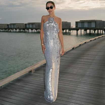 Halter Rosette Sequin Column Maxi Gown