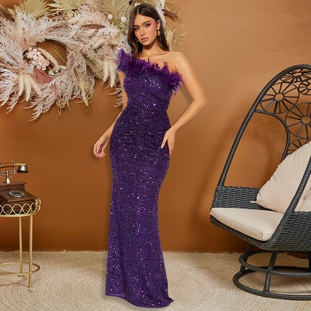 One Shoulder Feather Trim Sequin Ruched Bodycon Maxi Gown