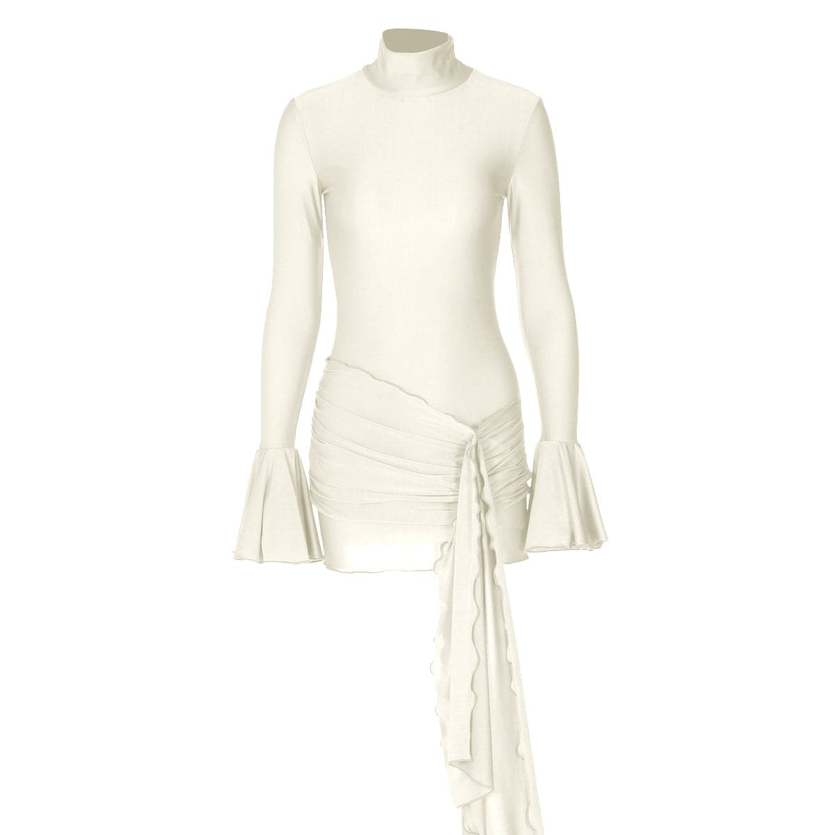 Long flared sleeve high neck ruched mini dress
