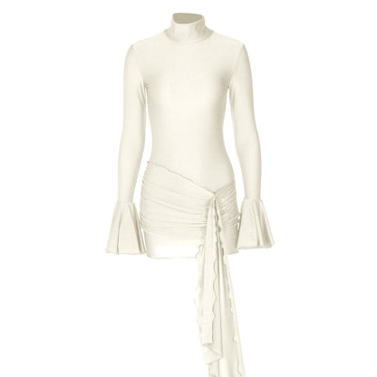 Long flared sleeve high neck ruched mini dress