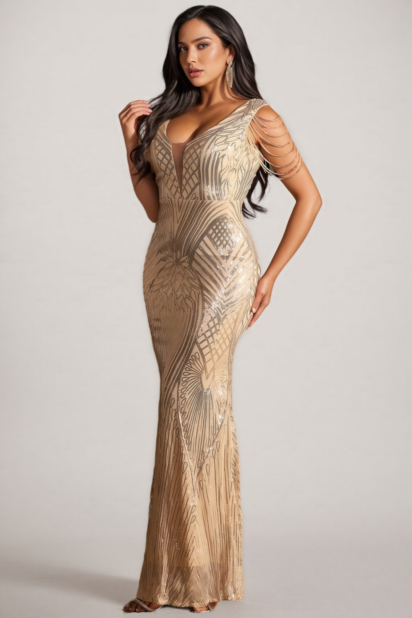 Delils Sleeveless Sequin Beaded Maxi Dress