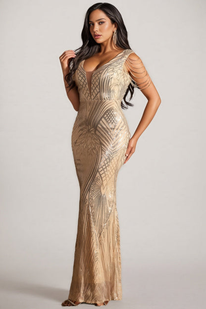 Delils Sleeveless Sequin Beaded Maxi Dress