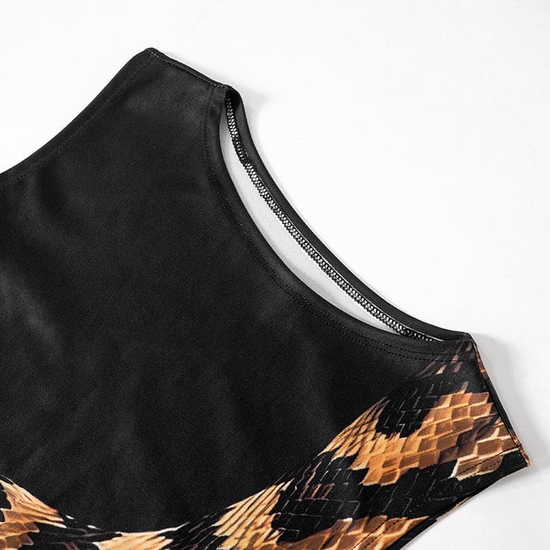 Sleeveless crewneck snake print hollow out slit cut out maxi dress