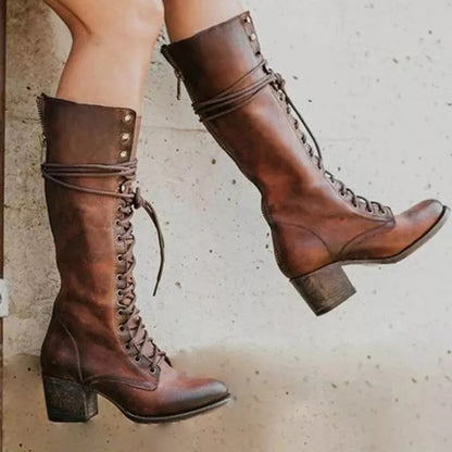 Amelia | Women’s Lace-Up Knee-High Boots with Block Heel