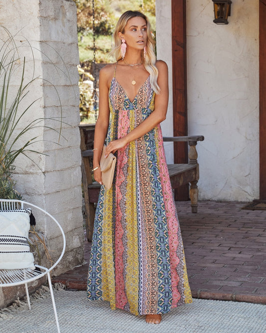 V neck Backless Spaghetti Strap Floral Print Swing Dress