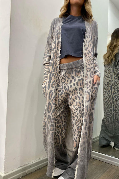 Comfort first Leopard Print Pocket Long Sleeve Cardigan Elastic Waist Pants Set