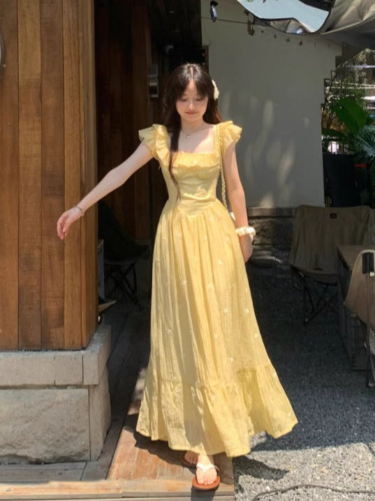 French Square Neck Ruffled Short-Sleeve Yellow Dress