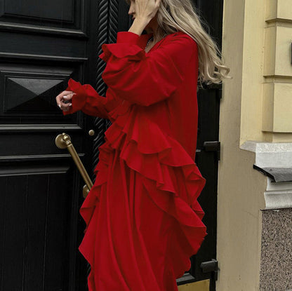 Deep V-Neck Ruffled Tier Long Sleeve High Slit Maxi Dress