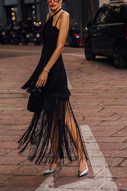 Sexy Halterneck Open Back Elegant Tassel Slim Maxi Dress