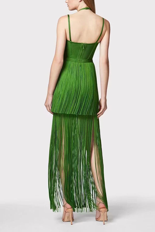 Sexy Halterneck Open Back Elegant Tassel Slim Maxi Dress