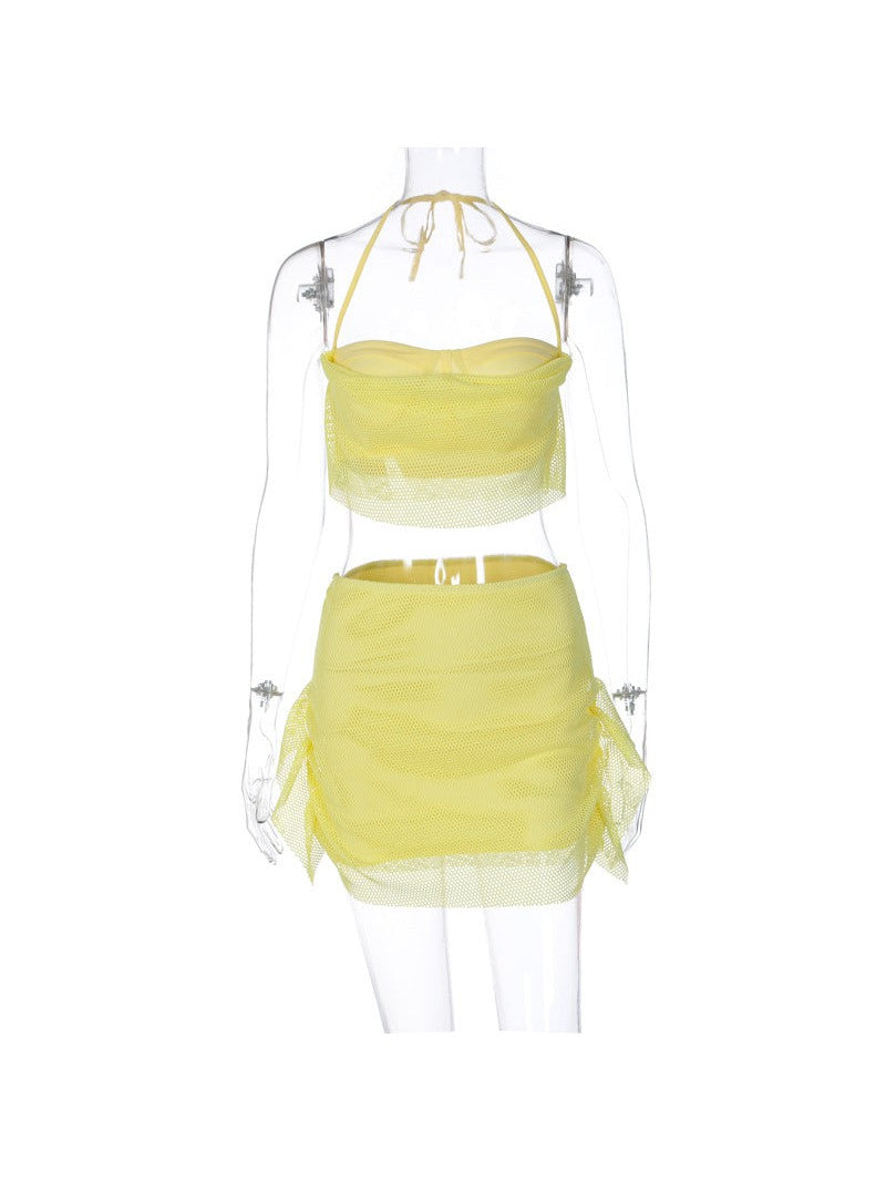 Elli Yellow Mesh Top & Two Piece Skirt Coord Set