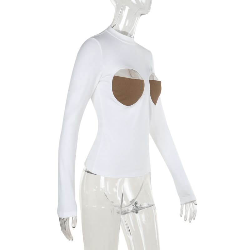 Long sleeve crewneck patchwork hollow out cut out top