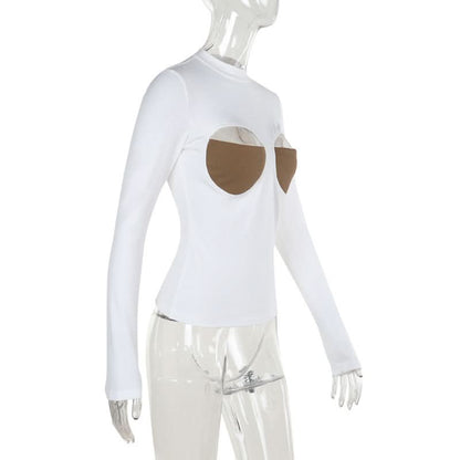 Long sleeve crewneck patchwork hollow out cut out top