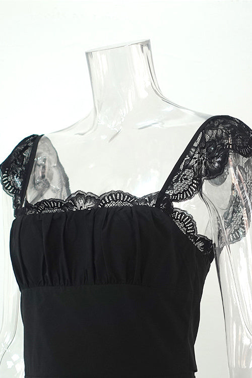 Square Neck Ruched Bust Lace Cap Sleeve High Waist Lace Hem Fit and Flare Mini Dress