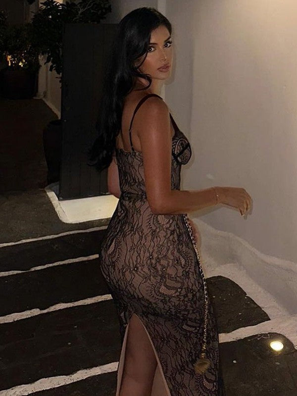 Lace Stitched Backless Sleeveless Split Maxi Dress