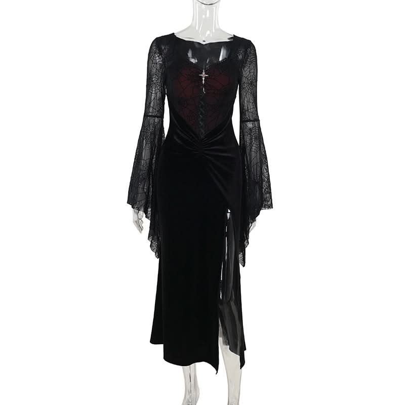 Long flared sleeve spider web slit velvet ruched maxi dress