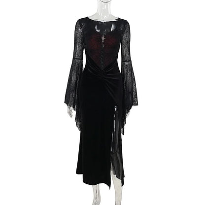Long flared sleeve spider web slit velvet ruched maxi dress
