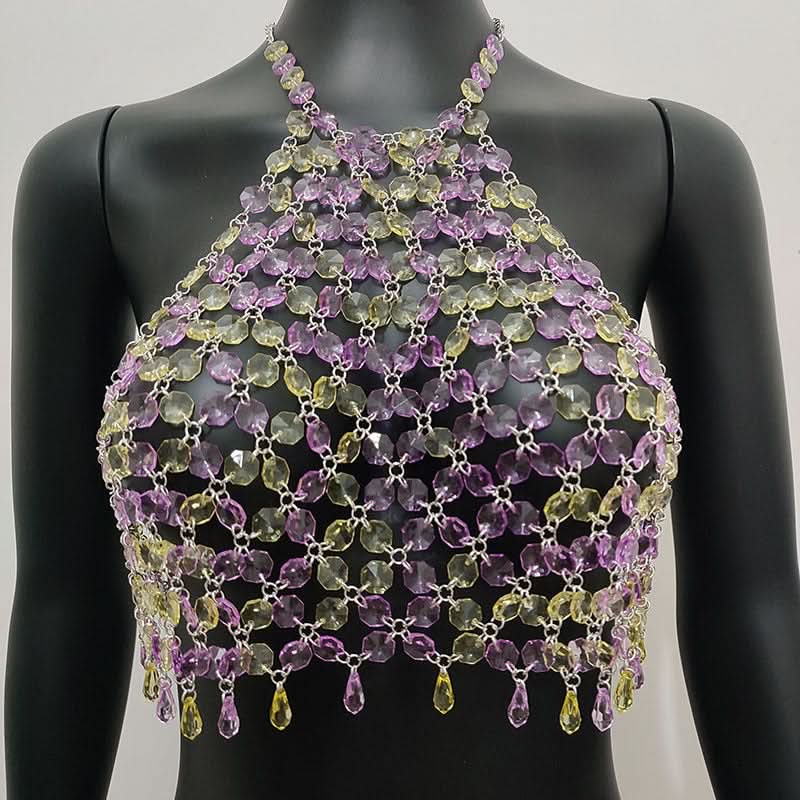 Halter hollow out crystal beaded crop cut out top
