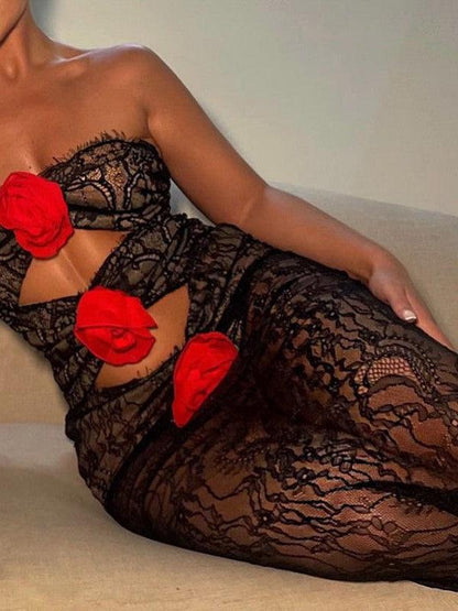 Floral Lace Rose Tube Cutout See through Maxi Dress